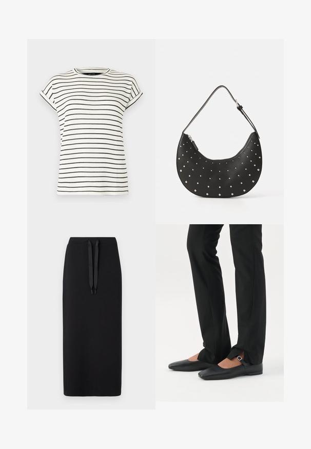 Camiseta blanca de manga corta con rayas negras verticales, cuello redondo y puños doblados en las mangas. Tejido de punto suave.; Falda midi negra hecha de una tela suave, con una cintura ajustable con cordón. Diseño sencillo con una silueta recta y sin patrones adicionales.; Piernas con pantalones ajustados negros con aberturas frontales en el dobladillo, combinados con zapatos planos Mary Jane negros con una pequeña correa con hebilla.; Bolso de mano de cuero negro con forma curva, adornado con tachuelas plateadas, cuenta con cierre de cremallera y una sola correa ajustable.