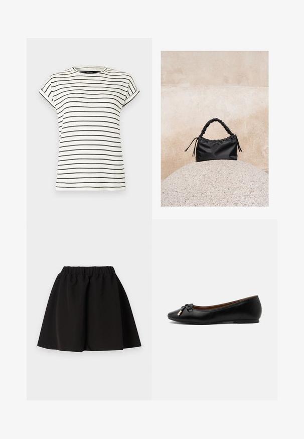 Camiseta blanca de manga corta con rayas negras verticales, cuello redondo y puños doblados en las mangas. Tejido de punto suave.; Falda negra con cintura elástica, forma en línea A y dobladillo a la altura de la rodilla, diseño liso, mostrada extendida sobre un fondo blanco.; Zapato bailarín plano de cuero negro con punta redondeada, pequeño lazo con extremos dorados y un tacón bajo y plano sobre fondo gris.; Bolso negro fruncido con asa recogida, apoyado sobre una esfera de piedra texturizada frente a una pared de hormigón beige.