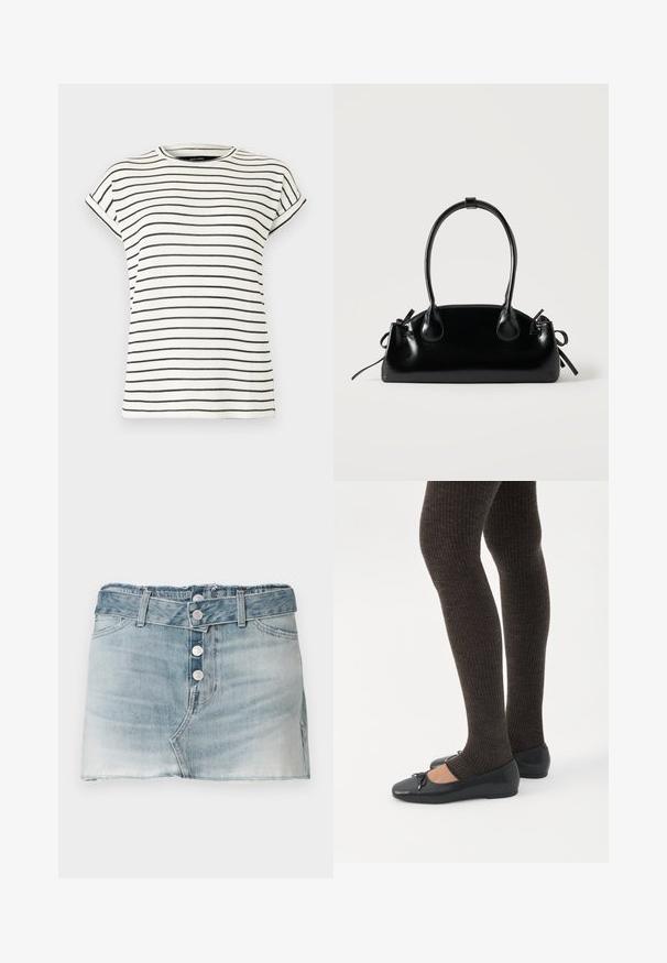 T-shirt blanc à manches courtes avec des rayures noires verticales, col rond et poignets repliés aux manches. Tissu en maille douce.; Jupe en denim mini en délavage bleu clair, avec un ourlet effiloché, une fermeture à cinq boutons à l'avant et des passants de ceinture. Design classique à cinq poches.; Jambes portant des leggings côtelés foncés associés à des ballerines noires avec de petits détails en nœud sur fond blanc.; Petit sac à main noir brillant avec deux longues anses et des détails à cordon sur les côtés sur un fond clair uni.