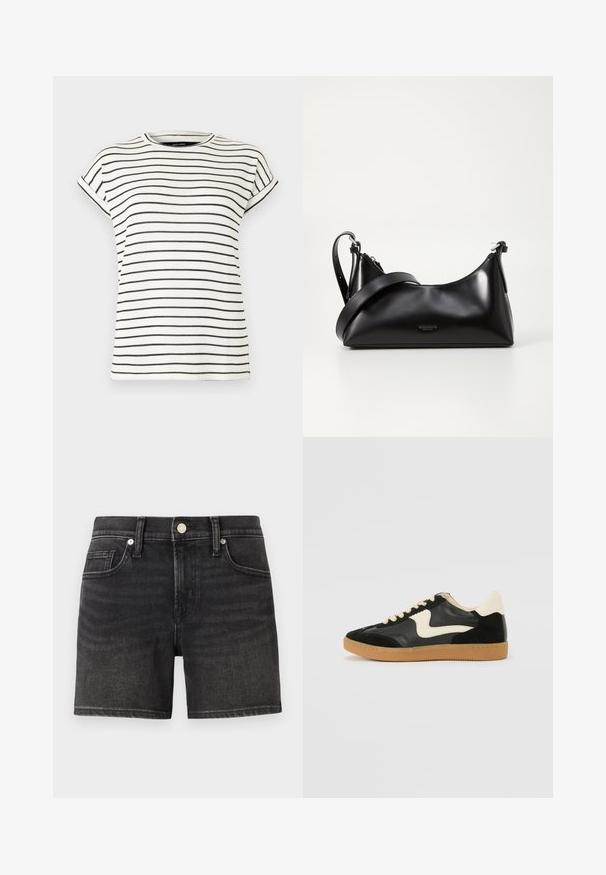 Hvid kortærmet t-shirt med lodrette sorte striber, rund halsudskæring og opbuk ved ærmerne. Blødt strikket stof.; Sorte denimshorts med et klassisk femlomme-design, der har en frontknaplukning og let falmning for tekstur.; Sorte ruskinds- og lædersneakers med en cremefarvet side-swoosh og lys cremefarvet hæl. Har beige snørebånd og en gummirubber-sål.; Sort læderhåndtaske med en glat tekstur. Har en justerbar stropp og et enkelt, minimalistisk design med lynlås.