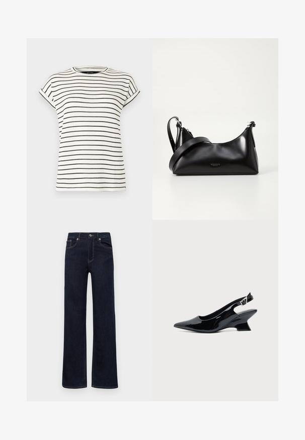 Camiseta blanca de manga corta con rayas negras verticales, cuello redondo y puños doblados en las mangas. Tejido de punto suave.; Jeans de mezclilla azul oscuro con piernas rectas, cierre de botón, trabillas para cinturón y cinco bolsillos, exhibidos sobre un fondo blanco.; Zapato slingback de cuero charol negro con puntera puntiaguda y tacón bajo en bloque inclinado sobre fondo claro liso.; Bolso de mano de cuero negro con una textura suave. Cuenta con una correa ajustable y un diseño elegante y minimalista con cierre de cremallera.