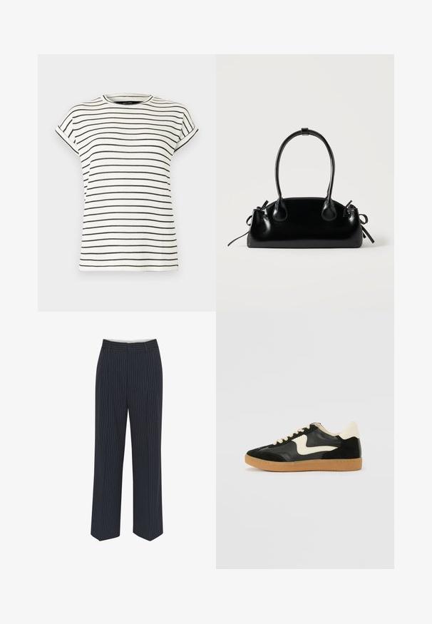 Camiseta blanca de manga corta con rayas negras verticales, cuello redondo y puños doblados en las mangas. Tejido de punto suave.; Pantalones azul marino con rayas verticales blancas, diseño de pierna ancha, tejido suave, presillas para cinturón y una línea planchada en la parte delantera para un aspecto ajustado.; Zapatillas de deporte de ante y cuero negro con un swoosh lateral en crema y un talón en crema claro. Presenta cordones beige y una suela de goma marrón.; Pequeño bolso negro brillante con dos asas largas y detalles de cordón lateral sobre un fondo claro liso.