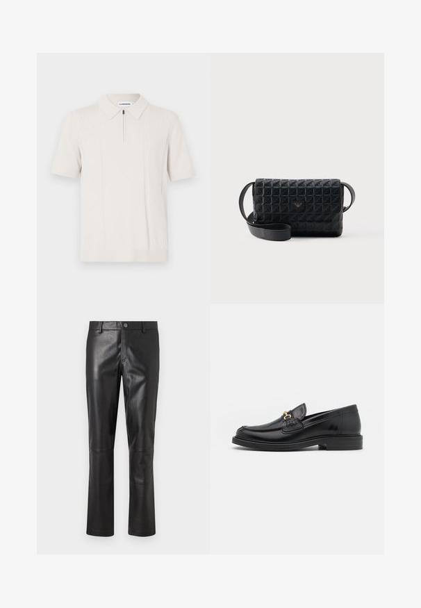 Polo à manches courtes couleur crème avec col zippé, présentant un motif à rayures texturées verticalement de chaque côté et un ourlet côtelé.; Pantalon en cuir noir avec une texture lisse, design à jambes droites et couture subtile le long des coutures. Présente une fermeture à bouton à la taille.; Mocassins en cuir noir avec un embout rond, présentant des accents en métal doré et des détails de couture, montés sur une semelle en caoutchouc texturé et basse.; Sac bandoulière noir texturé avec une fermeture à rabat et un petit logo en métal sur le devant, présenté sur un fond uni.
