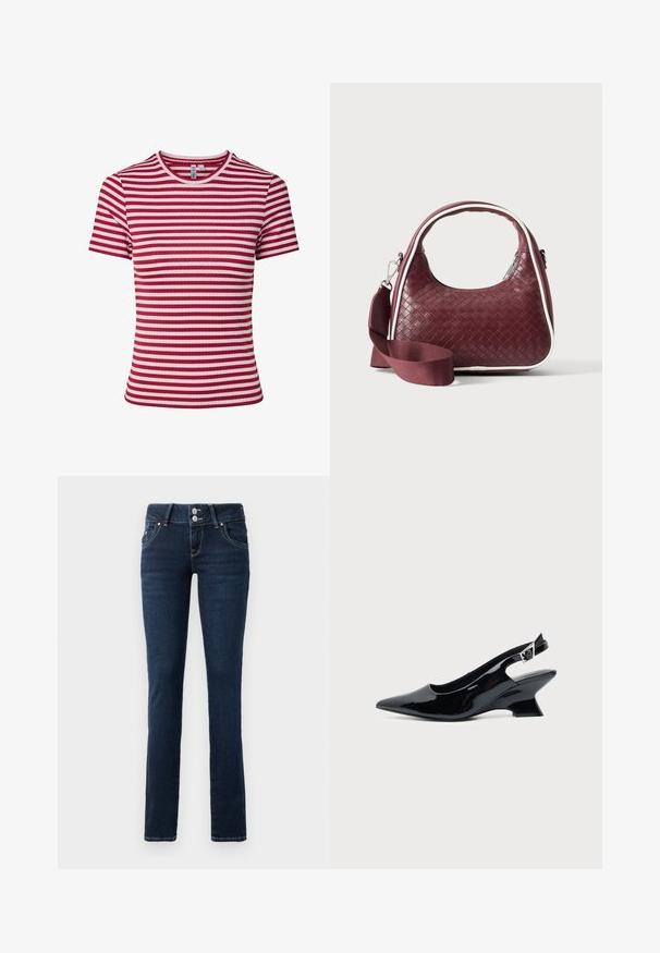 Kurzärmeliges, geripptes Strick-T-Shirt mit horizontalen roten und pinkfarbenen Streifen und rundem Ausschnitt.; Dunkelblaue Skinny-Jeans mit doppelt-knopfverschluss, Fronttaschen und gelben Nähten auf einem weißen Hintergrund.; Schwarzer Slingback-Schuh aus Lackleder mit spitzer Spitze und niedrigem, schrägem Blockabsatz auf einfachem hellem Hintergrund.; Dunkelrote gewebte Ledertasche mit gebogenem Griff, weißem Besatz, silbernem Reißverschluss und abnehmbarem breitem Stoff-Schulterriemen vor einfarbigem Hintergrund.