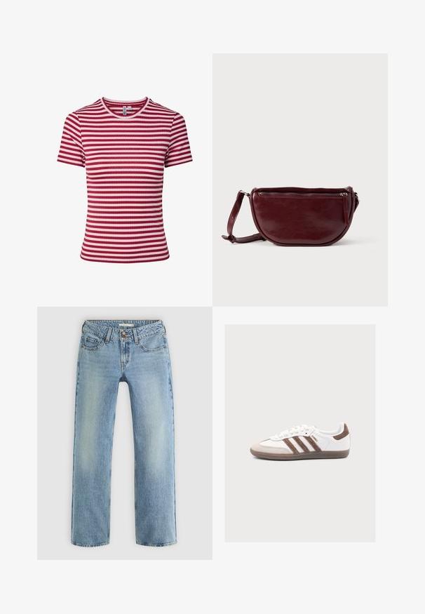 Kortærmet, ribstrikket t-shirt med horisontale røde og lyserøde striber og rund halsudskæring.; Lyseblå lige ben jeans lavet af denim, med knaplukning, fem lommer og subtil falmning langs benene.; Hvid Adidas Samba sneaker med brune ruskindstriber og hælflap, beige tåhætte og gummisål på ensfarvet baggrund.; Vinrød læderhåndtaske med halvmåneform, lynlås og aftagelig rem. Glat tekstur med en subtil glans.