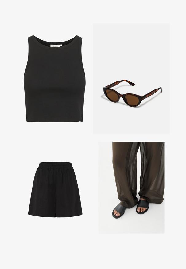 Sort ribbet crop top lavet af strækstof. Har en rund halsudskæring og ærmeløs design, med rene, færdige kanter.; Sorte bomuldsshorts med elastisk talje, der har en løs pasform og lige ben-design. Glat tekstur uden yderligere mønstre eller akcenter.; Fødder i sorte slidesandaler parret med løstsiddende, gennemsigtige brune bukser mod en ensfarvet hvid baggrund.; Brune skildpadde solbriller med en vintage katteøje-form og brune linser. Har buede arme med røde detaljer.