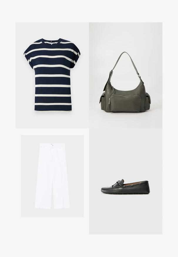 Camiseta de manga corta azul marino con rayas horizontales blancas, escote redondo y un corte relajado. Tela suave y lisa con mangas dobladas.; Pantalones blancos de pierna ancha con aberturas delanteras en el bajo, cierre de botón y cremallera, y cinturilla estrecha con trabillas.; Zapato náutico de cuero negro con punta redondeada, detalles de costura, pequeño lazo decorativo y suela de goma. Textura suave y diseño aerodinámico.; Bolso de hombro de cuero verde con un diseño curvado, bolsillo con cremallera en la parte frontal y bolsillos adicionales en los laterales. Textura suave y hardware minimalista.