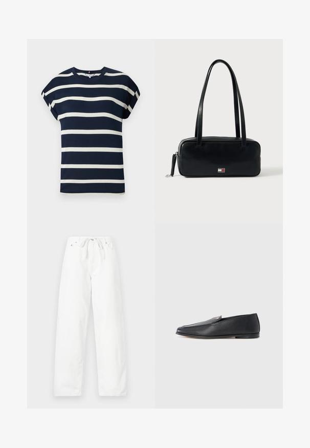T-shirt bleu marine à manches courtes avec des rayures horizontales blanches, col rond et coupe décontractée. Tissu doux et lisse avec des manches retroussées.; Pantalons blancs à jambes larges en denim, dotés d'une taille à cordon et de deux poches avant, avec une texture lisse et un design épuré.; Mocassins en cuir noir à texture lisse, bout arrondi et détails de couture subtils. Ils présentent un accent logo doré sur le côté supérieur.; Sac à main en cuir noir de forme rectangulaire, base plate, deux bandoulières et un petit logo sur le devant. Texture lisse.