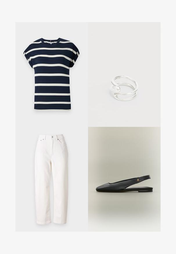T-shirt bleu marine à manches courtes avec des rayures horizontales blanches, col rond et coupe décontractée. Tissu doux et lisse avec des manches retroussées.; Jean en denim blanc avec une coupe droite, taille haute, fermeture éclair et bouton métallique. Comprend cinq poches et une couture discrète.; Chaussure plate noire en cuir à bride arrière avec bout pointu et accent logo doré sur la bride, présentée sur un fond neutre.; Bague en métal argenté avec un design tordu et une finition lisse. La bague a une forme ouverte avec un accent en spirale et une apparence minimaliste.