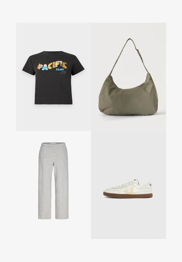 Camiseta negra de manga corta con el texto "PACIFIC Coast" que presenta patrones coloridos de temática tropical y oceánica en la parte delantera.; Pantalones deportivos de pierna recta de color gris claro con cintura elástica y un pequeño logo blanco en el muslo superior.; Zapatilla baja color crema con logo "V" beige, detalles de costura, suela marrón claro y texto negro en el talón y el lateral de la lengüeta.; Bolso de hombro de tela suave color verde oliva con cierre de cremallera y correa ajustable sobre un fondo liso y claro.