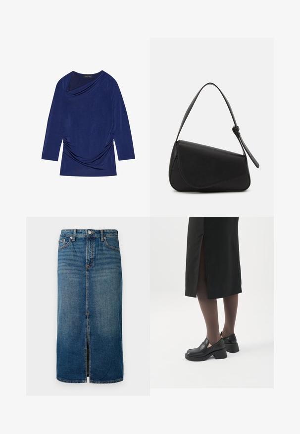 Navyblauw long sleeve top met gedrapeerde halslijn, geplooid zijdetail en zachte, rekbare stof. Etiket zegt "ANNA FIELD."; Donkerblauwe denim midi-jurk met een frontslit, vijf zakken en contrasterende stiksels. Voorzien van een knoop- en ritsluiting bij de taille.; Vrouw met zwarte loafers met grove hak, zwarte doorschijnende panty's en een zwarte rok met een split aan de achterkant op een witte achtergrond.; Zwart leren handtas met een driehoekige vorm, schuine klep en een ronde handgreep. Heeft een gladde textuur en minimalistische ontwerpelementen.