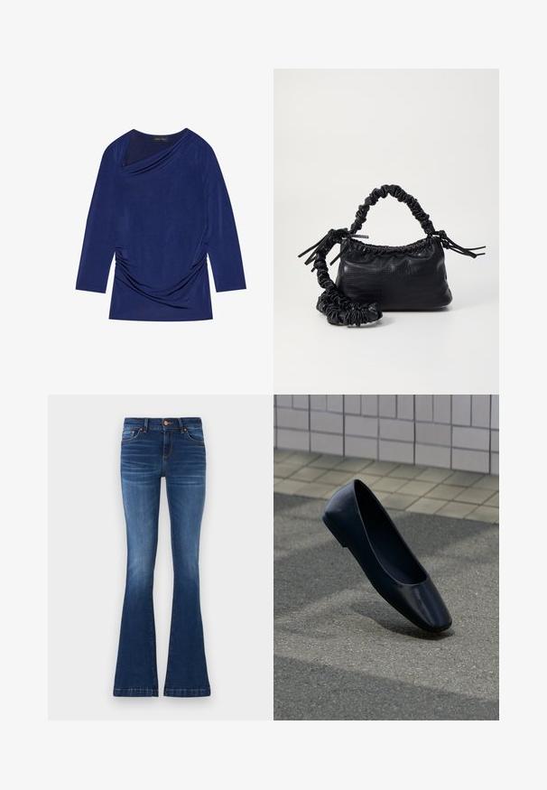 Mørkeblå langærmet top med draperet halsudskæring, samlet sideskildring og blødt, strækbart stof. Mærket siger "ANNA FIELD."; Udvidede blå jeans lavet af denim, med en mellemhøj talje, fem lommer og kontrasterende syninger langs sømmene.; Sort læder flad sko, stående opret på en asfaltbelægning nær en flisebelagt fortovskant.; Sort kunstlæder håndtaske med krokodilteksur, indsnøret top og en sammenkrøben rem. Ser blød og kompakt ud i designet.