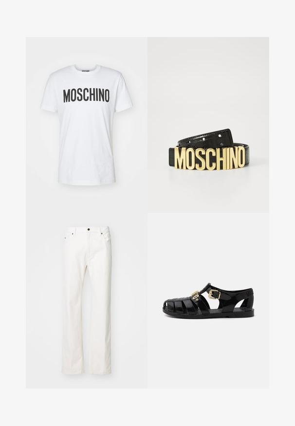 Camiseta de algodón blanca con llamativas letras negras "MOSCHINO" en la parte frontal. Manga corta y cuello redondo. Textura suave.; Jeans de mezclilla blanca con un diseño de pierna recta, que presentan un estilo de cinco bolsillos, un cierre de botón metálico y detalles de costura mínimos.; Sandalias de goma negras con diseño perforado, que cuentan con un cierre de hebilla dorada y una plantilla texturizada. Logo estampado en el talón.; Cinturón de piel negra con textura de cocodrilo y un gran logo dorado de "MOSCHINO" como hebilla. Presenta múltiples agujeros de ajuste.