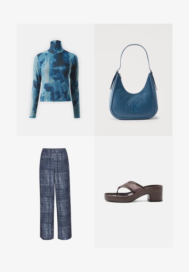 Haut à col roulé à manches longues avec un motif tie-dye bleu, fabriqué en tissu doux avec une silhouette ajustée et un col haut.; Gestuz DEMIA PANTS - Pantalon classique - dark blue; Sandale marron à talon avec lanière en mesh et design en tige, dotée d'un talon bloc et d'une semelle cousue, présentée de profil sur fond blanc.; Sac bandoulière en cuir bleu avec logo CK embossé centré à l'avant et détails de fermeture éclair argentés sur les deux côtés.