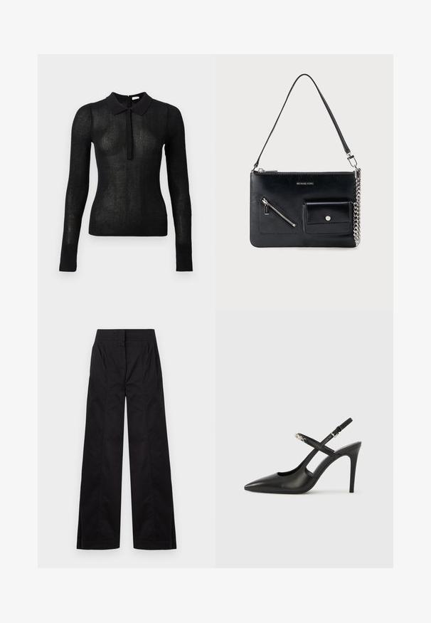 Haut en tricot noir à manches longues, ajusté, avec une texture transparente et un col uni, patte de boutonnage à l'avant, présenté sur un fond uni.; Pantalon noir taille haute à jambes larges avec des détails de coutures frontales et des poches latérales, présenté sur un fond clair uni.; Escarpins slingback en cuir noir avec bout pointu, design ajouré et bride ajustable ornée de ferrures métalliques.; Sac à bandoulière en cuir noir Michael Kors avec fermeture éclair supérieure, poche avant zippée en diagonale, poche à rabat avec bouton-pression et détail en chaîne argentée.