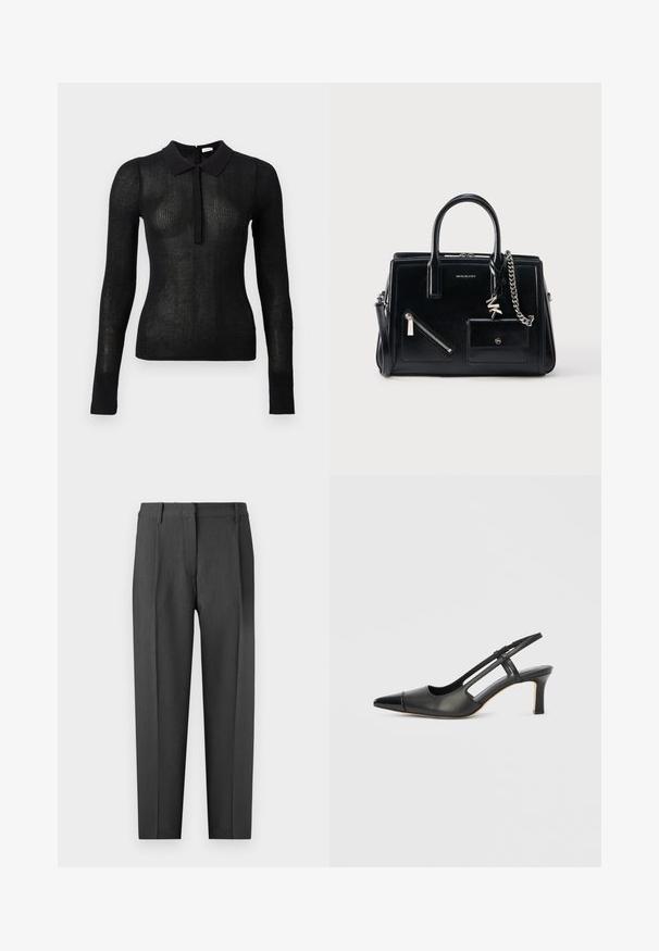 Top negro de punto ajustado de manga larga con textura transparente y cuello sólido, tapeta con botones en la parte frontal, expuesto sobre un fondo liso.; Pantalones de traje en gris carbón, con un frente plano, bolsillos laterales y un diseño de pierna recta con una textura suave.; Zapato slingback de cuero negro con punta afilada, con un acento brillante en la puntera y un tacón de altura media. Diseño con lateral abierto.; Bolso de cuero negro con asas dobles, bolsillos frontales con cremallera y botón, detalle de cadena plateada y el logo de Michael Kors en el centro frontal.