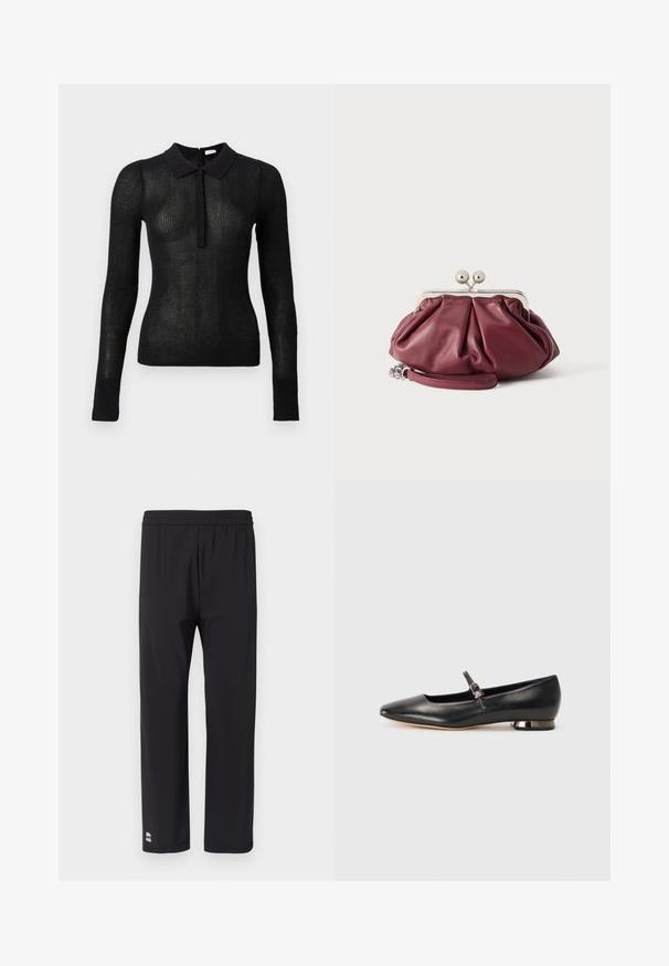 Haut en tricot noir à manches longues, ajusté, avec une texture transparente et un col uni, patte de boutonnage à l'avant, présenté sur un fond uni.; Pantalon de sport noir avec une ceinture élastique, une coupe droite, une texture lisse et un petit logo en bas à gauche de l'ourlet.; Ballerine plate noire en cuir avec un bout pointu, une fine bride à la cheville et un petit talon block métallique. Texture lisse, sans motifs visibles.; Petite pochette en cuir bordeaux avec fermoir en métal argenté et bracelet pour poignet sur fond blanc.