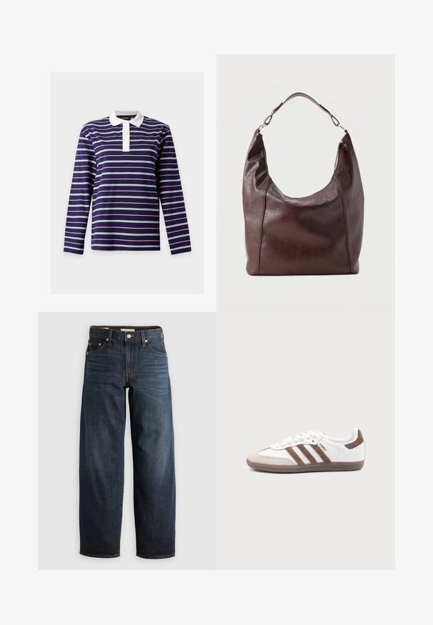 Polo de manga larga azul marino con rayas horizontales blancas y rosas y cuello blanco con botones.; Jeans oscuros de denim, con un diseño de pierna recta, estilo de cinco bolsillos, y acentos de costura superior con cierre de botón.; Zapatilla blanca Adidas Samba con franjas de ante marrón, suela de goma marrón y puntera de ante beige, vista desde el lado exterior sobre un fondo liso.; Bolso de hombro de cuero marrón oscuro con una sola correa ajustable, parte superior ligeramente curva y cierre de cremallera en un lado.