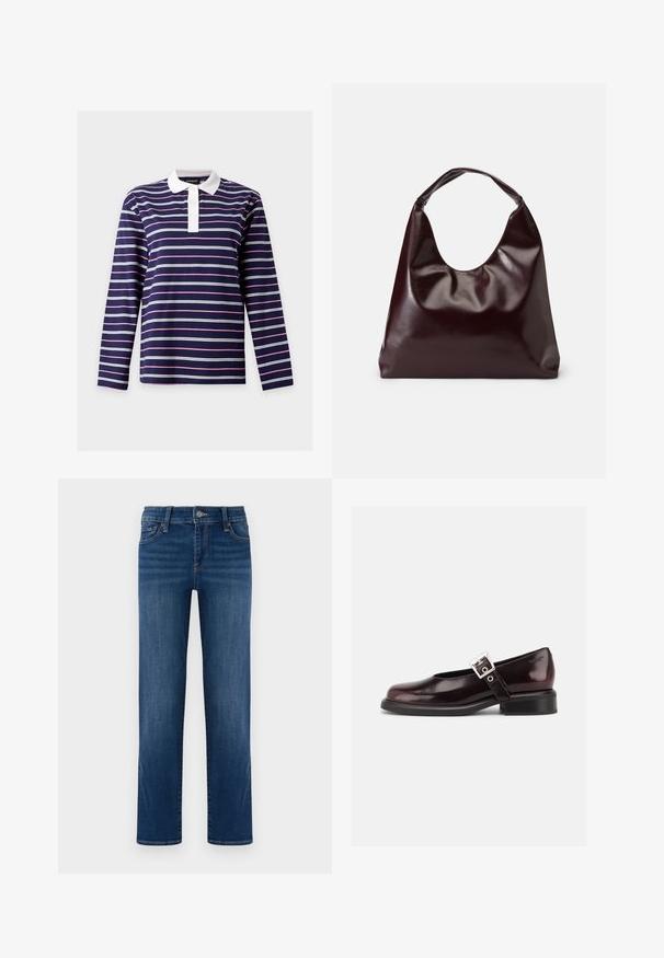 Polo à manches longues bleu marine avec des rayures horizontales blanches et roses et un col blanc boutonné.; Jeans en denim bleu, design à jambe droite, lavage moyen, cinq poches, fermeture à bouton et à fermeture éclair, couture visible, texture lisse.; Chaussure Mary Jane unique brillante couleur bordeaux foncé avec une large bride et une boucle argentée, talon bloc bas et bout arrondi sur fond blanc.; Sac en cuir vegan bordeaux, brillant, avec une forme douce et sculpturale et une large poignée incurvée pour un transport facile.