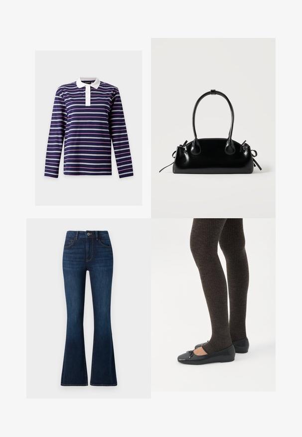 Polo à manches longues bleu marine avec des rayures horizontales blanches et roses et un col blanc boutonné.; TOM TAILOR STELLA denim bleu foncé; Jambes portant des leggings côtelés foncés associés à des ballerines noires avec de petits détails en nœud sur fond blanc.; Petit sac à main noir brillant avec deux longues anses et des détails à cordon sur les côtés sur un fond clair uni.