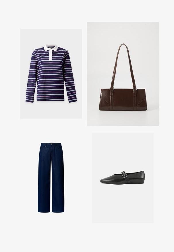 Marineblå langærmet polo med hvide og pink vandrette striber og en hvid knappet krave.; Mørkeblå vidde jeans i denim stof. Har en knaplukning og forlommer, med en glat tekstur og minimal dekoration.; Sorte læder flade sko med spidse tæer, prydet med en metallisk spænde over vristen og en lav, fleksibel sål.; Brun lakeret håndtaske med rektangulær form, to lange håndtag og subtile buede detaljer på fronten.