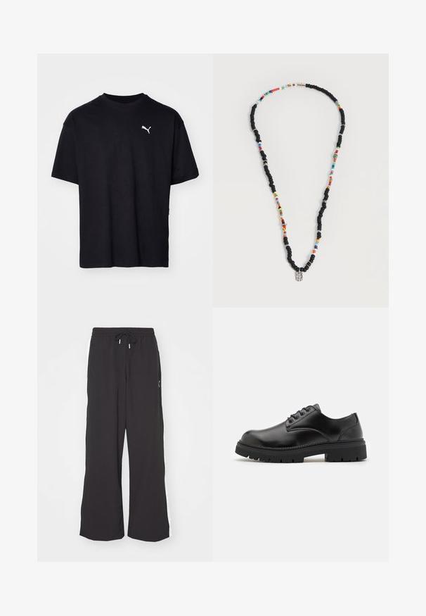 Schwarzes Baumwoll-T-Shirt mit kurzen Ärmeln, Rundhalsausschnitt und einem weißen Puma-Logo auf der linken oberen Brustseite. Klassische Passform, glatte Textur.; Schwarze weite Sweatpants mit elastischem Bund und Kordelzug. Mit weißen Seitenstreifen und zwei Seitentaschen. Glatte Textur.; Schwarze Lederschuhe mit runder Zehenform, Schnürdesign und einer dicken, strukturierten Gummisohle. Sie verfügen über eine Naht entlang des Randes und haben eine glatte Oberfläche.; Halskette mit abwechselnden schwarzen und mehrfarbigen Perlen, kleinen Silberringen und einem rechteckigen klaren Perlenanhänger.