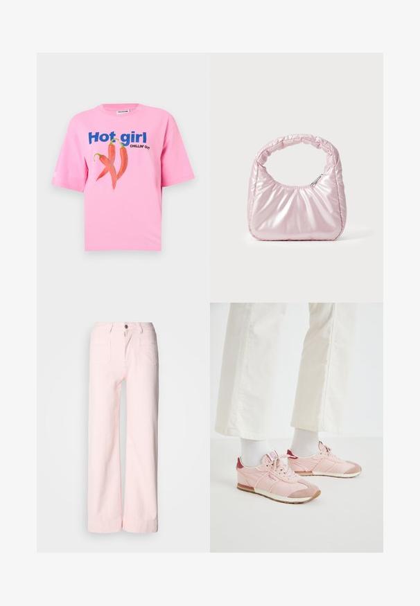 Lyserød T-shirt med blå tekst "Hot girl" og sort tekst "Chillin' Out", med en grafik af tre røde chilipebre i midten.; Lyserøde bukser med vide ben og en denimlignende struktur. Har knaplukning foran, bæltestropper og to baglommer. Blødt, afslappet design.; Lyserøde atletiske sko med en kombination af glatte og teksturerede materialer. Funktioner inkluderer en mørkerød detalje ved hælen og en hvid gummisål.; Rosa, polstret håndtaske med afrundet design, lavet af skinnende materiale. Har et samlet håndtag og en lynlås til sikker adgang.