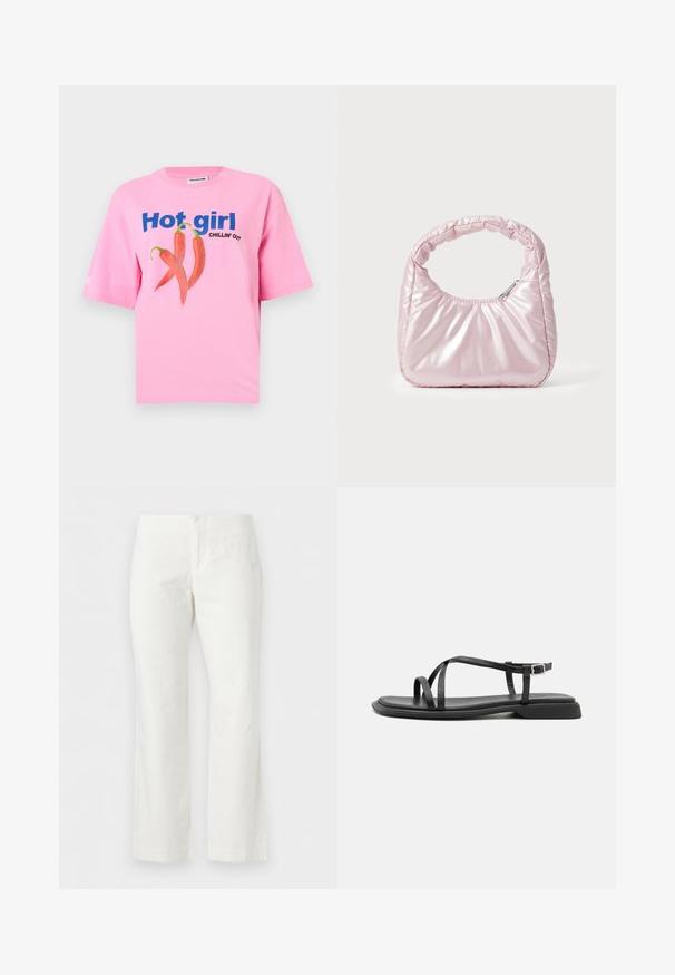 Lyserød T-shirt med blå tekst "Hot girl" og sort tekst "Chillin' Out", med en grafik af tre røde chilipebre i midten.; Hvide bukser med lige ben, frontlommer og knaplukning, vist mod en ensfarvet hvid baggrund.; Sorte flade sandaler med tynde justerbare stropper, rektangulær tåpost og en struktureret mat finish. Har en lav, let firkantet hæl.; Rosa, polstret håndtaske med afrundet design, lavet af skinnende materiale. Har et samlet håndtag og en lynlås til sikker adgang.