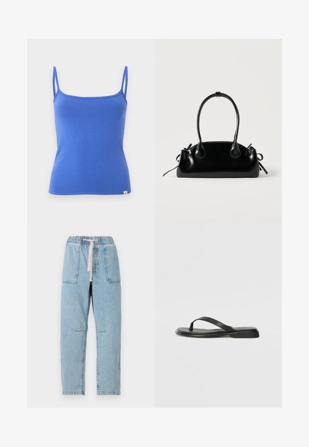 Blauwe mouwloze camisole met dunne dubbele schouderbandjes en een klein wit logolabel aan de onderzoom op een effen achtergrond.; Lichtblauwe denim broek met een elastische tailleband en koord. Voorzien van twee voorzakken en zichtbare stiksels. Rechte pasvorm.; Zwarte teenflip-flop van glad leer, met een dunne band en een platte zool met een minimalistisch profiel. Geen opvallende patronen of accenten.; Kleine zwarte glanzende handtas met twee lange hengsels en zijkant trekkoord details op een effen lichte achtergrond.