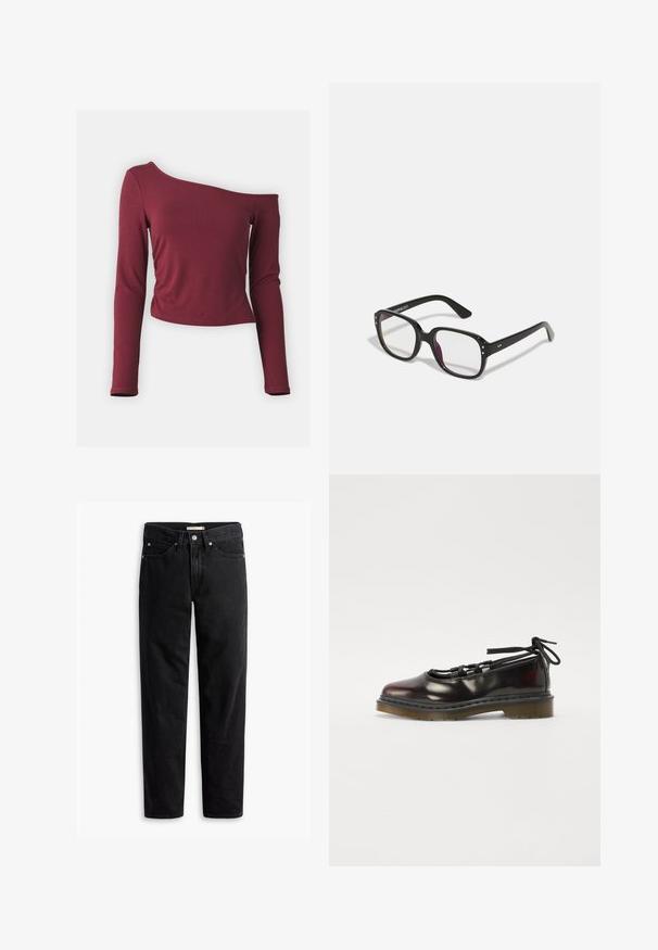 Bordeaux, off-the-shoulder langærmet top lavet af blødt, strækbart stof med en tætsiddende silhuet og en cropped kant.; Sorte straight-leg jeans med knap- og lynlåslukning, bæltestropper samt for- og baglommer, vist fladt på hvid baggrund.; Blanketing mørkerød sko med rund tå, snørebåndsdesign, gummisål og sorte snørebånd, med sølvhardware og synede kanter.; Sorte rektangulære briller med klare linser, der har afrundede kanter og sideaccenter, med en blank finish på stellet og arme.