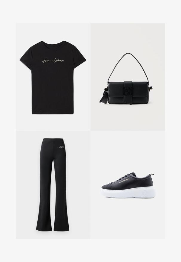 Camiseta de algodón negra con mangas cortas y cuello redondo, adornada con un logo en cursiva "Armani Exchange" en blanco.; Pantalones negros de campana hechos de tela suave. Cuentan con una cintura elástica y un pequeño logo blanco en la cadera. Diseño sencillo, sin patrones visibles.; Zapatilla baja negra con suela plataforma blanca, logo de Armani Exchange en el lateral y la suela, cordones negros y tirador en el talón.; Bolso de hombro de cuero negro texturizado con cierre de solapa y logotipo cuadrado en relieve en la correa frontal, de forma rectangular y delgada.