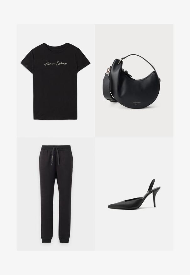 Must have lühikeste varrukatega must puuvillane T-särk, millel on ümmargune kaelus ja mille esiküljel on valgest kirjaga "Armani Exchange".; Mustadest pehmest puuvillast jalgpükstest, millel on elastne vöökoht ja nöör. Omavad ribakujulisi mansette ja tikandiga teksti külgedel.; Must have kottid musta värviga salke, teravaninalised, siledast nahast ja stiilse, minimalistliku disainiga. Kõrge stiletto konts.; Mustast nahast poolkuu kujuline käekott ülemise tõmblukuga, lühikese sangaga, eemaldatava õlarihmaga ja väikese valge bränditekstiga ees.