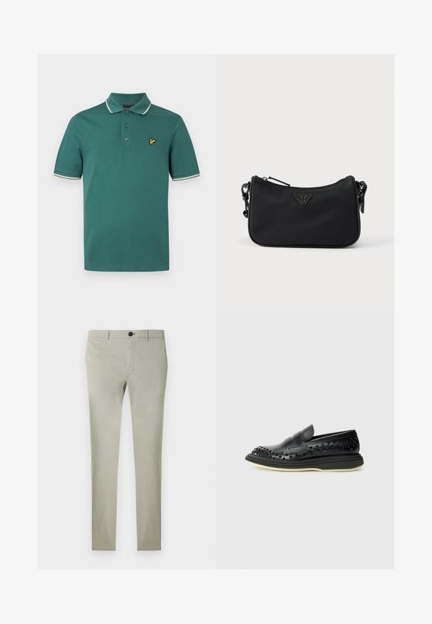 Polo en coton vert à coupe ajustée, avec patte de boutonnage à trois boutons et logo jaune brodé sur le côté gauche de la poitrine. Présente un biais de col contrastant blanc.; Chinos gris clair en coton avec une texture lisse, coupe droite, fermeture par boutons et poches avant.; The Antipode COLLEGE PIERCED - Chaussons - black; Sac à bandoulière noir avec fermeture éclair, sangle ajustable et emblème métallique du logo centré à l'avant.