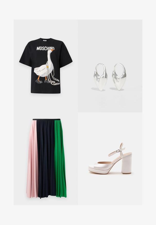 Sort T-shirt i bomuld med stort motiv af en gås, der bærer sorte sko og en perlekæde, med teksten "MOSCHINO" over.; Plisseret nederdel med paneler i pink, navy og grøn. Fremstillet af blødt stof med elastisk talje for en behagelig pasform.; Hvid højhælet sandal med blokhæl, platfod, åben tå og ankelrem med spænde, vist fra siden.; Otiumberg ROSCIDA HEART HOOPS - Øreringe - silver-coloured