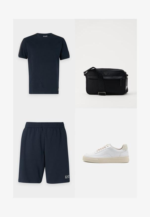 Camiseta de color azul marino hecha de algodón, con mangas cortas, cuello redondo y detalles texturizados en los hombros. Logo en la parte inferior izquierda.; Pantalones cortos de cintura elástica en azul marino, fabricados en un tejido suave, con bolsillos laterales y un pequeño logo blanco de EA7 en la parte inferior de la pierna izquierda.; Zapatilla blanca con parte superior de cuero suave, cordones beige y un tirador de talón de ante beige texturizado. Suela elevada para mayor altura.; Bolso de hombro negro de nailon con una correa de contraste, forma rectangular elegante, detalle del logo y un bolsillo con cremallera en la parte frontal.