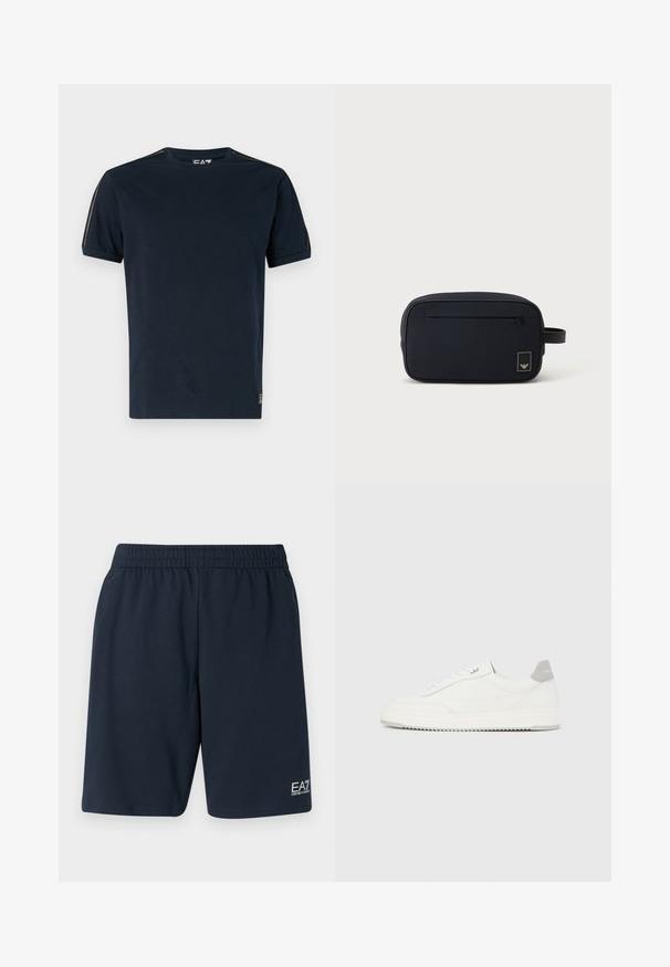 Camiseta de color azul marino hecha de algodón, con mangas cortas, cuello redondo y detalles texturizados en los hombros. Logo en la parte inferior izquierda.; Pantalones cortos de cintura elástica en azul marino, fabricados en un tejido suave, con bolsillos laterales y un pequeño logo blanco de EA7 en la parte inferior de la pierna izquierda.; Zapatilla blanca de corte bajo con pestaña en el talón gris, cordones blancos y suela texturizada, presentada sobre un fondo claro y liso.; Bolsa de aseo rectangular negra con bolsillo frontal con cremallera y pequeño parche con logo, con correa de asa lateral.