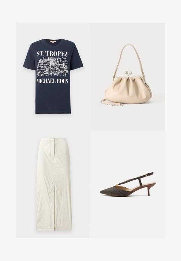 Marineblaues T-Shirt mit weißer Skizze von Gebäuden und den Texten "ST. TROPEZ", "French Riviera", "Profiter du Soleil" und "MICHAEL KORS" auf der Vorderseite.; Helle beige, knielange Rock aus glattem, strukturiertem Stoff. Verfügt über einen Schlitz vorne und einen Knopfverschluss an der Taille.; Brauner Slingback-Pumps mit spitzer Zehenpartie, dünnen Riemen und goldener Schnalle, mit niedrigem, geschwungenem Kittenabsatz.; Beige weiche Lederhandtasche mit silbernem Metallrahmenverschluss, einem Schulterriemen und einem optionalen Kettenriemen auf weißem Hintergrund.