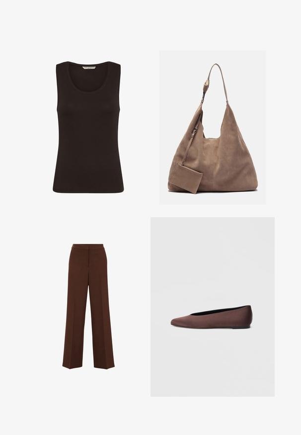 Love Copenhagen LCTIA BASIC TANK - Top - chocolate plum; Brune bredbenede bukser med en glat overflade, der har en struktureret talje og subtile plisseringer, der løber ned langs forsiden.; Brune balletflade sko i stof med spids tå og glat tekstur, med lav hælkappe og tynd sort sål. Ingen synlige mønstre eller beslag.; Zign Shopping bags - light brown