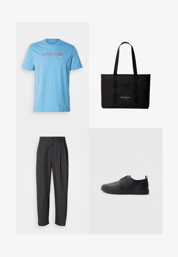 Lys blå bomulds t-shirt med korte ærmer og rund halsudskæring, prydet med et stort "calvin klein" logo på tværs af brystet i rød.; Mørkegrå lige bukser med bæltestropper, frontknaplukning og sidelommer på en lys ensfarvet baggrund.; Sorte lædersneakers med en glat finish, rund tå, tonalt syning, snøring foran og en flad gummisål. Løkke ved hælen.; Sort Calvin Klein tote taske med to lange håndtag og lomme foran, med mærkets logo i hvid og grå.