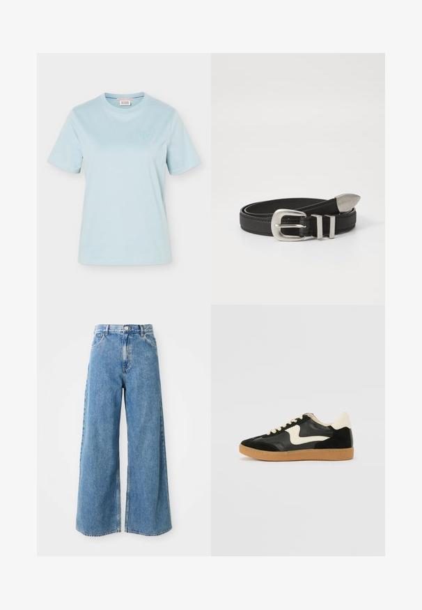 Lyseblå T-shirt med korte ærmer og rund hals, med lille broderet logo på venstre bryst og et mærke inde i kraven.; Højtaljede lyseblå brede denim jeans med frontknap, lynlås og forlommer på en hvid baggrund.; Sorte ruskinds- og lædersneakers med en cremefarvet side-swoosh og lys cremefarvet hæl. Har beige snørebånd og en gummirubber-sål.; Sort læderbælte med en sølvfarvet metalspænde og dobbelt løkke detaljer, der har en tekstureret overflade og en spids ende for en sikker pasform.