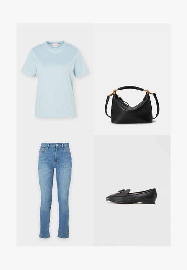 Lichtblauw T-shirt met korte mouwen en ronde hals, met een klein geborduurd logo op de linkerborst en een label aan de binnenkant van de kraag.; Lichtblauwe denimjeans met een slanke pasvorm, middelhoog taille, vijf pockets design en subtiele vervaging op de dijen, voorzien van gestikte accenten.; Zwarte leren loafer met een afgeronde neus, een decoratieve knoop en gouden detail op de bovenzijde, en een lage, vierkante hak. Gladde textuur.; Zwarte leren schoudertas met een korte handgreep en afneembare lange schouderriem, voorzien van goudkleurige metalen accenten en een ritssluiting.