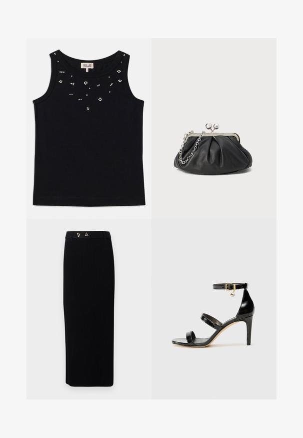Schwarzes ärmelloses Tanktop mit Rundhalsausschnitt, versehen mit verstreuten silbernen Verzierungen auf der Vorderseite. Hergestellt aus einem weichen Stoff.; AERON FORUM - Bleistiftrock - black; Schwarze Lackleder-Sandale mit drei Riemen, Knöchelriemen und 10 cm hohen Stiletto-Absatz. Verfügt über goldfarbene Hardware-Details und ein Logo-Charm.; Schwarze Leder-Clutch mit geraffter Textur, silberfarbener Metallrahmen, Druckverschluss und Kettenriemen. Glatte, weiche Oberfläche.