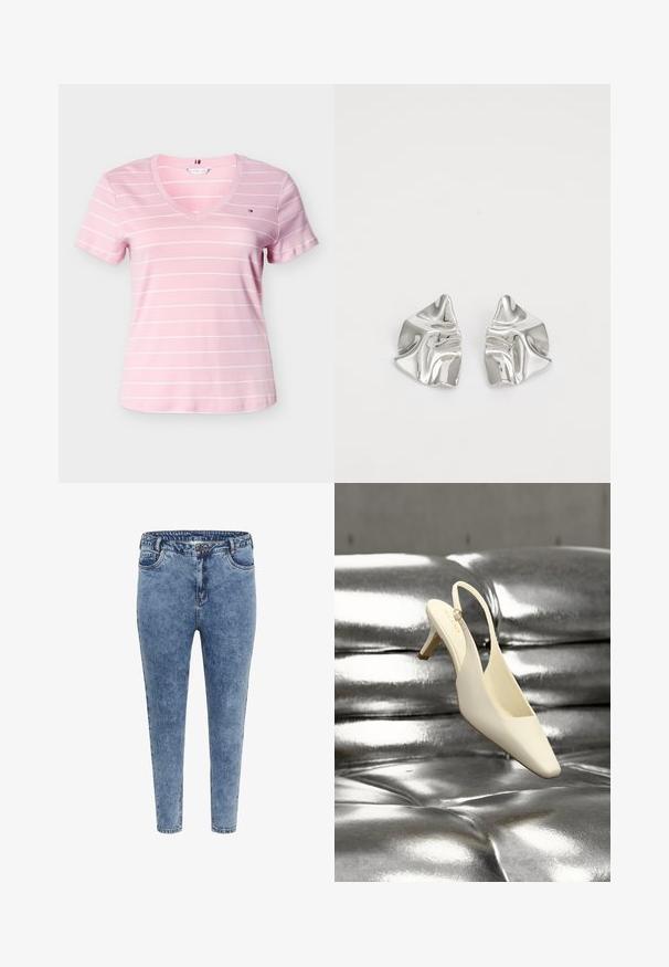 Lichtroze dames T-shirt met korte mouwen en V-hals, met dunne witte horizontale strepen en een klein logo op de linkerborst.; Blauwe denim skinny jeans met een hoge taille, vijf zakken en een ritsluiting. De stof heeft een licht vervaagde textuur met contrasterende stiksels.; Crèmekleurige slingback kittenheel schoen met een vierkante neus, rustend op een glanzend zilverkleurig gewatteerd lederen oppervlak.; Zilveren metalen oorbellen met een golvend, sculpturaal ontwerp, voorzien van een gepolijste afwerking en onregelmatige vormen, die een hedendaagse esthetiek benadrukken.
