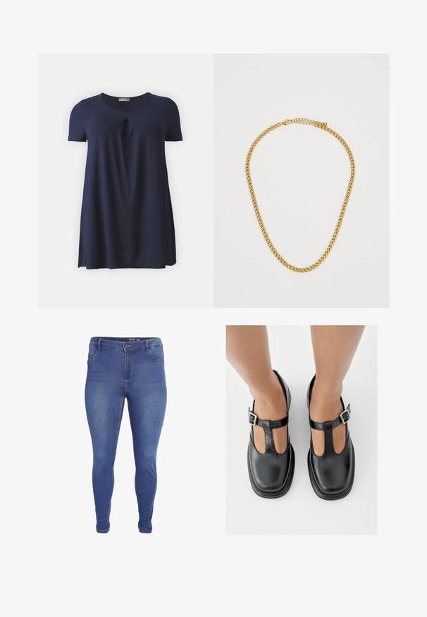 T-shirt bleu marine à manches courtes avec un col rond et un détail twisté subtil à l'avant, fabriqué en tissu doux et lisse.; Jean skinny bleu avec poches avant, passants pour ceinture, fermeture par bouton, et légère décoloration sur les cuisses et les genoux.; Chaussures en cuir noir avec un design à bride en T, bout fermé et accents de boucles argentées. Texture lisse avec un bout arrondi et une semelle plate.; Collier en chaîne dorée avec des maillons entrelacés, texture lisse et fermoir. Dispose d'une longueur réglable pour un ajustement personnalisé.