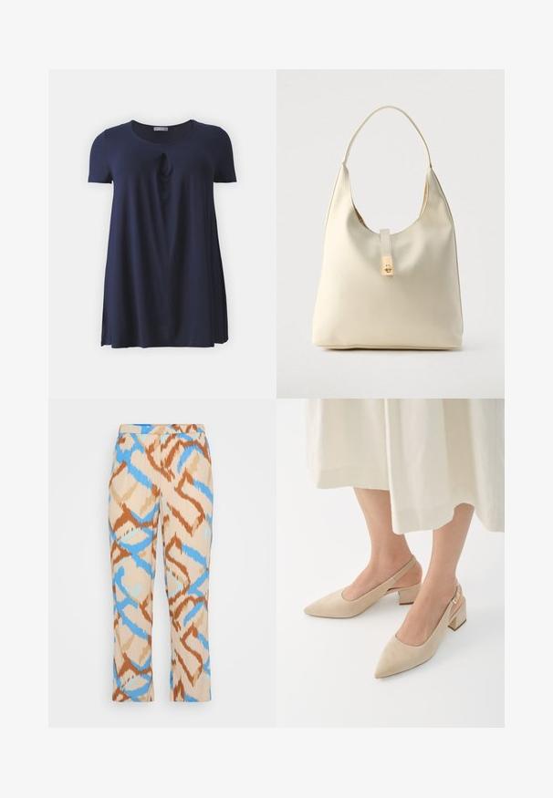 Marineblå t-shirt med korte ærmer og rund halsudskæring, med en subtil tvistdetalje foran, lavet af blødt, glat stof.; Mønstrede bukser i beige med et blåt og brunt abstrakt design. Lavet af letvægtsmateriale med en lige benpasform.; Beige ruskinds slingback pumps med spidse tæer og blokhæle. Designet har udskæringer i siderne og en gylden spændeaccent.; Hobo-taske i cremefarvet læder med en enkelt skulderrem, glat tekstur og et guldfarvet spænde foran.