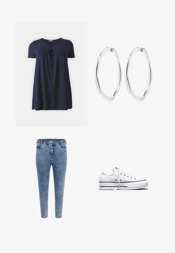 Marineblauw T-shirt met korte mouwen en een ronde halslijn, voorzien van een subtiele gedraaide detail aan de voorkant, gemaakt van zachte, gladde stof.; Blauwe denim skinny jeans met een hoge taille, vijf zakken en een ritsluiting. De stof heeft een licht vervaagde textuur met contrasterende stiksels.; Witte lage canvas sneaker met witte veters, zwarte strepen op de zool en een rubberen, getextureerde neuskap, zijaanzicht op een witte achtergrond.; Een paar gepolijste zilveren gedraaide ovale creolen met scharnierende sluitingen, getoond tegen een witte achtergrond.