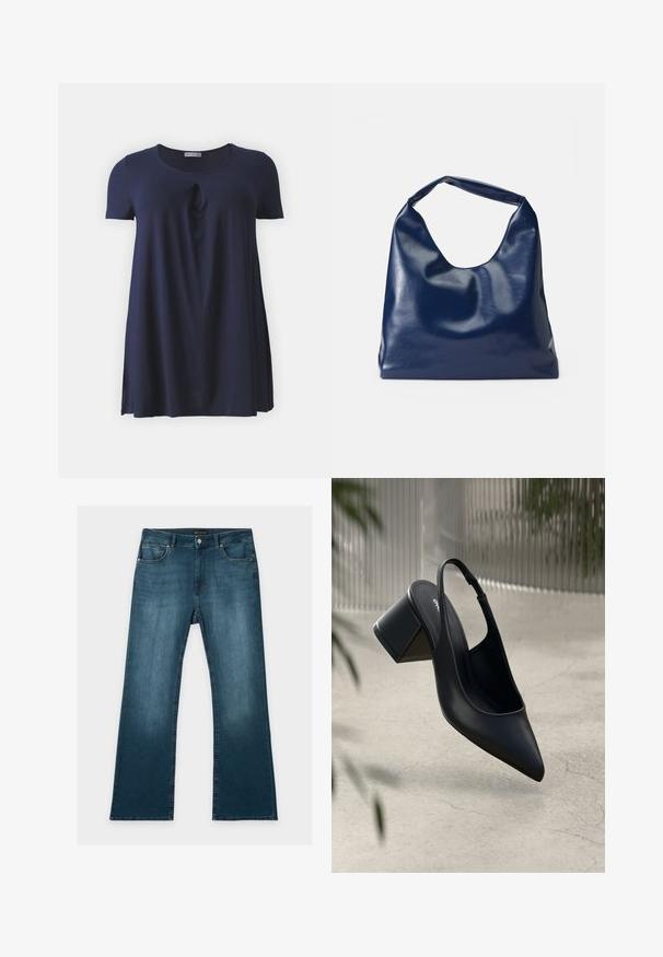 Marineblauw T-shirt met korte mouwen en een ronde halslijn, voorzien van een subtiele gedraaide detail aan de voorkant, gemaakt van zachte, gladde stof.; Blauwe jeans met rechte pijpen, voor- en achterzakken, knoop- en ritssluiting, en subtiele vervaagde details op dijen en knieën.; Zwarte leren slingback hak met een spitse neus en een blokhak. Glad oppervlak, minimalistisch ontwerp en verstelbare enkelband.; Marineblauwe neplederen schoudertas met een zachte, glanzende textuur, ronde vorm en een enkele, brede handgreep voor gemakkelijk dragen.