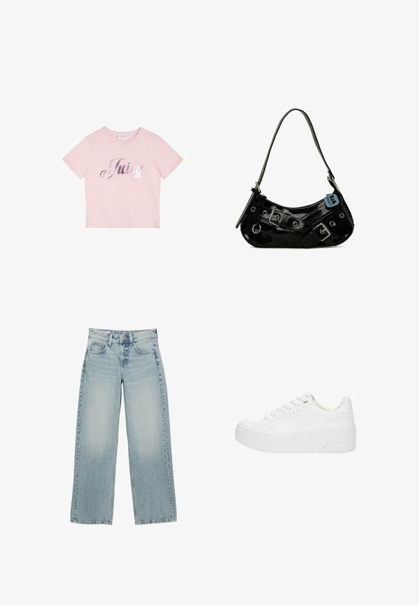 Roze t-shirt met korte mouwen, gemaakt van katoen, met een metalen zilveren tekst "Juicy" op de voorkant. Eenvoudig ontwerp met ronde hals.; Lichtblauwe denim wijde jeans met een hoge taille, voorzien van vijf zakken, een knoopsluiting en subtiele vervaging voor een versleten effect.; Witte plateau sneaker met veters aan de voorkant, geperforeerde zijkanten en dikke zool, weergegeven vanaf de buitenkant op een witte achtergrond.; Zwarte gepatineerde leren handtas met een gebogen vorm, voorzien van zilveren hardware, decoratieve sluitingen en een korte schouderband. Blauwe label bevestigd.