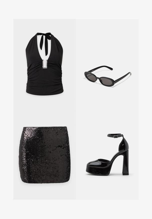 Schwarzes Neckholder-Top mit tiefem V-Ausschnitt, metallischem U-förmigem Detail in der Mitte und gerafftem Stoff an den Seiten und vorne.; Schwarzer Pailletten-Minirock mit enganliegendem Schnitt, glatter Textur und glänzender Oberfläche, die das Licht reflektiert und visuelles Interesse schafft.; Schwarze Lackleder-Plateau-Absätze mit einem Knöchelriemen, runder Zehenform und Blockabsatz, die eine glatte, glänzende Textur präsentieren.; Even&Odd by Zalando Sonnenbrille - black