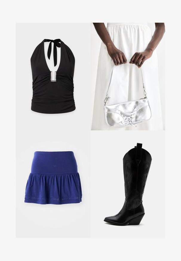 Schwarzes Neckholder-Top mit tiefem V-Ausschnitt, metallischem U-förmigem Detail in der Mitte und gerafftem Stoff an den Seiten und vorne.; Dunkelblaues Jerseykleid mit einem gerafften Saum, elastischem Bund und dekorativem besticktem Saum. Weicher, leichter Stoff.; Schwarzer Leder-Cowboystiefel mit spitzer Zehe, schrägem Blockabsatz, dekorativer Naht und Zuglaschen oben vor weißem Hintergrund.; Silberne metallische Handtasche mit Schnürdetail, die ein elegantes Design und einen kurzen Tragegurt aufweist. Die Tasche wird in den Händen gehalten und zeigt ihre Textur.